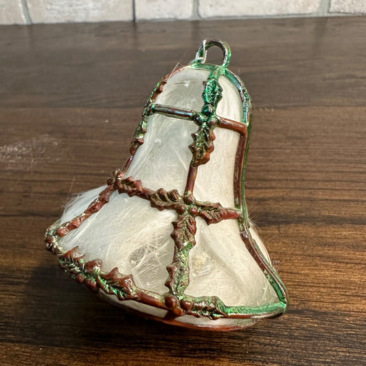 Vintage MCM Caged Spun Cotton Christmas Ornament Bell Plastic