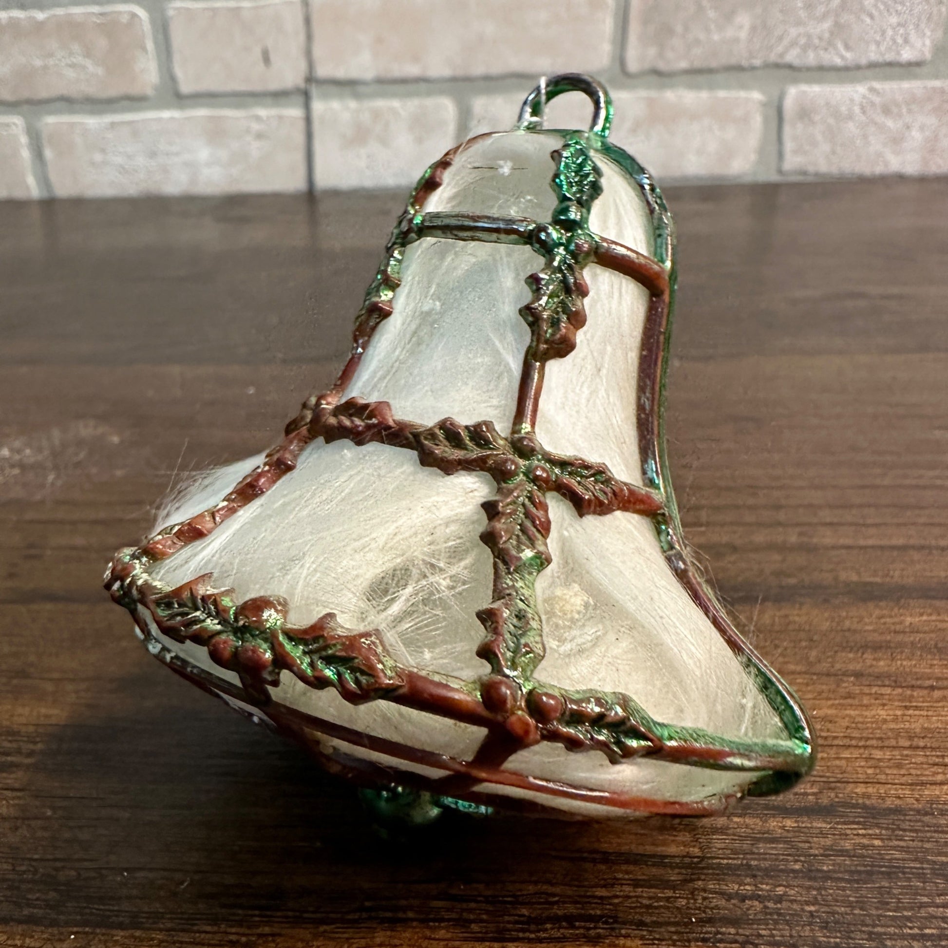 Vintage MCM Caged Spun Cotton Christmas Ornament Bell Plastic