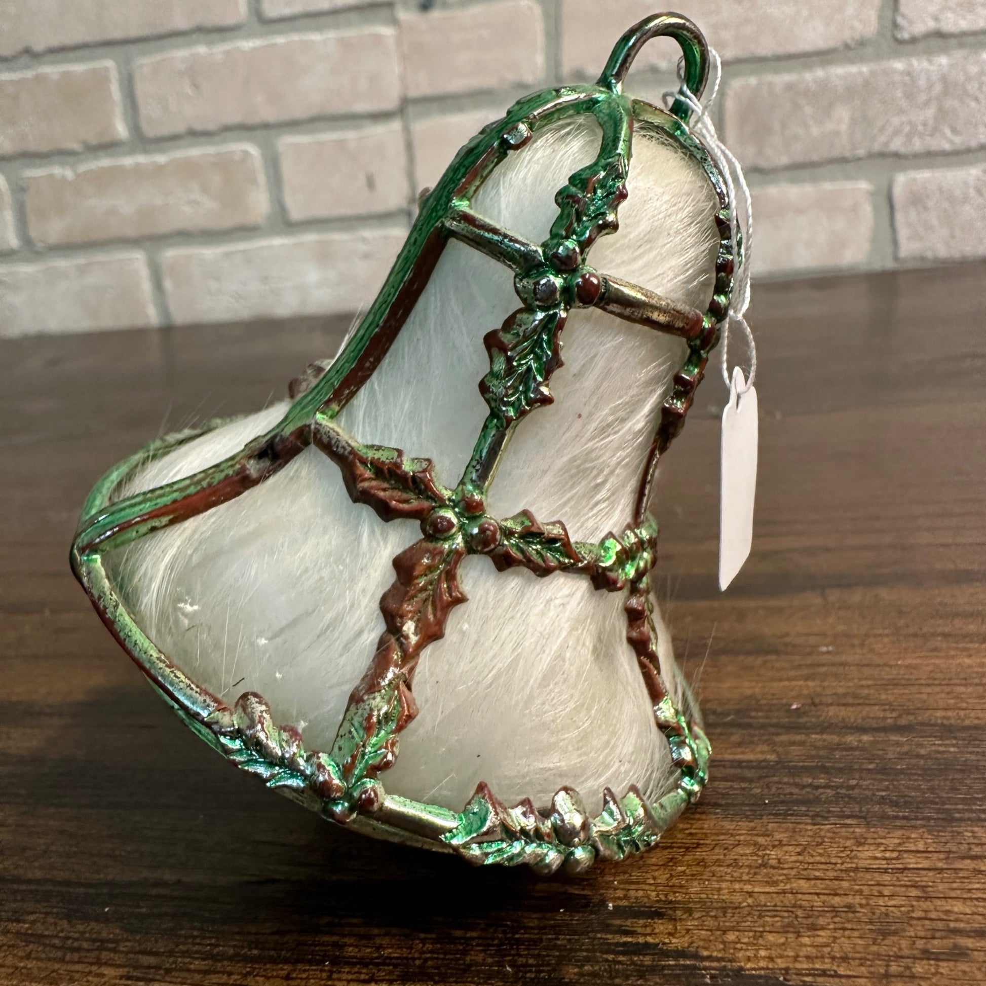 Vintage MCM Caged Spun Cotton Christmas Ornament Bell Plastic