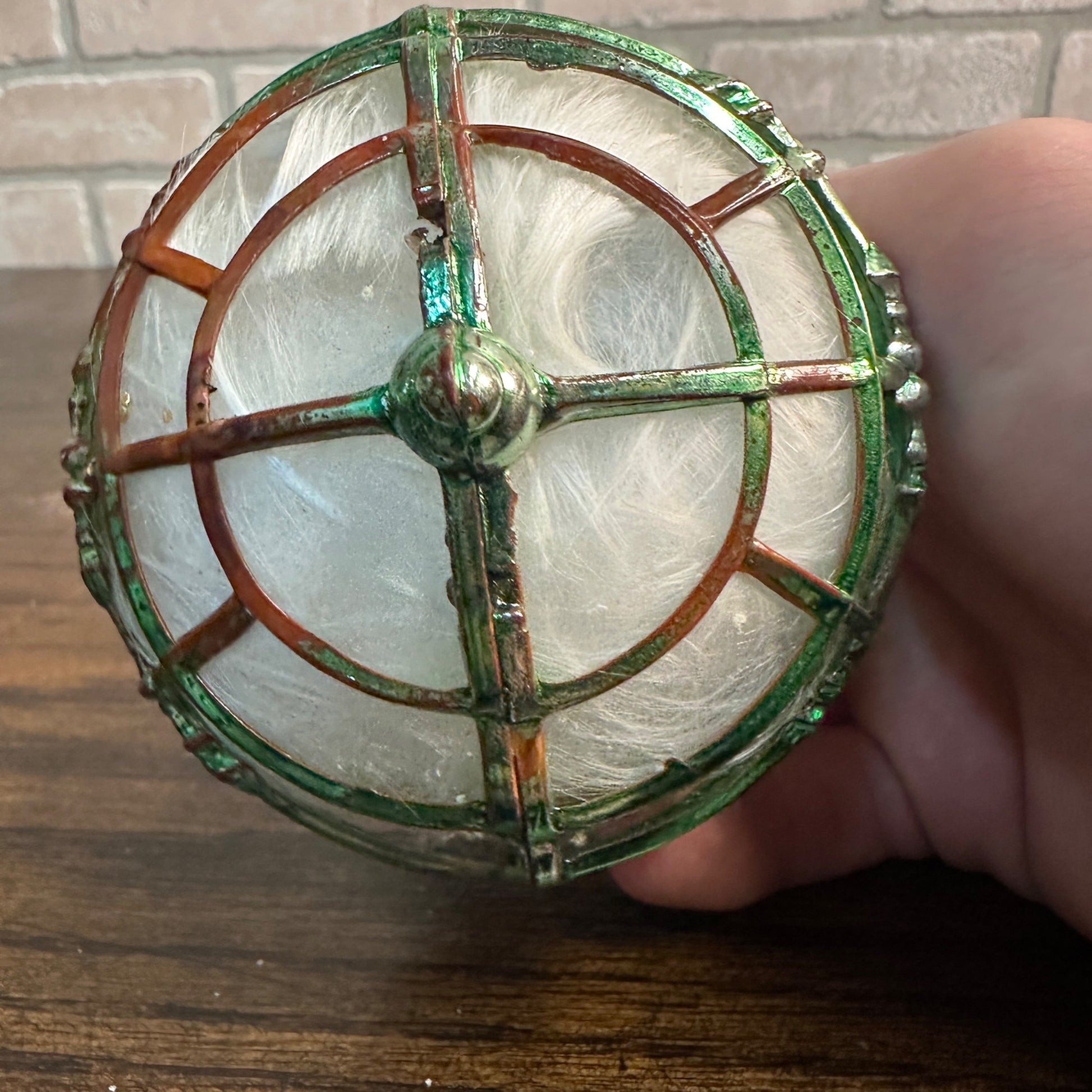 Vintage MCM Caged Spun Cotton Christmas Ornament Bell Plastic