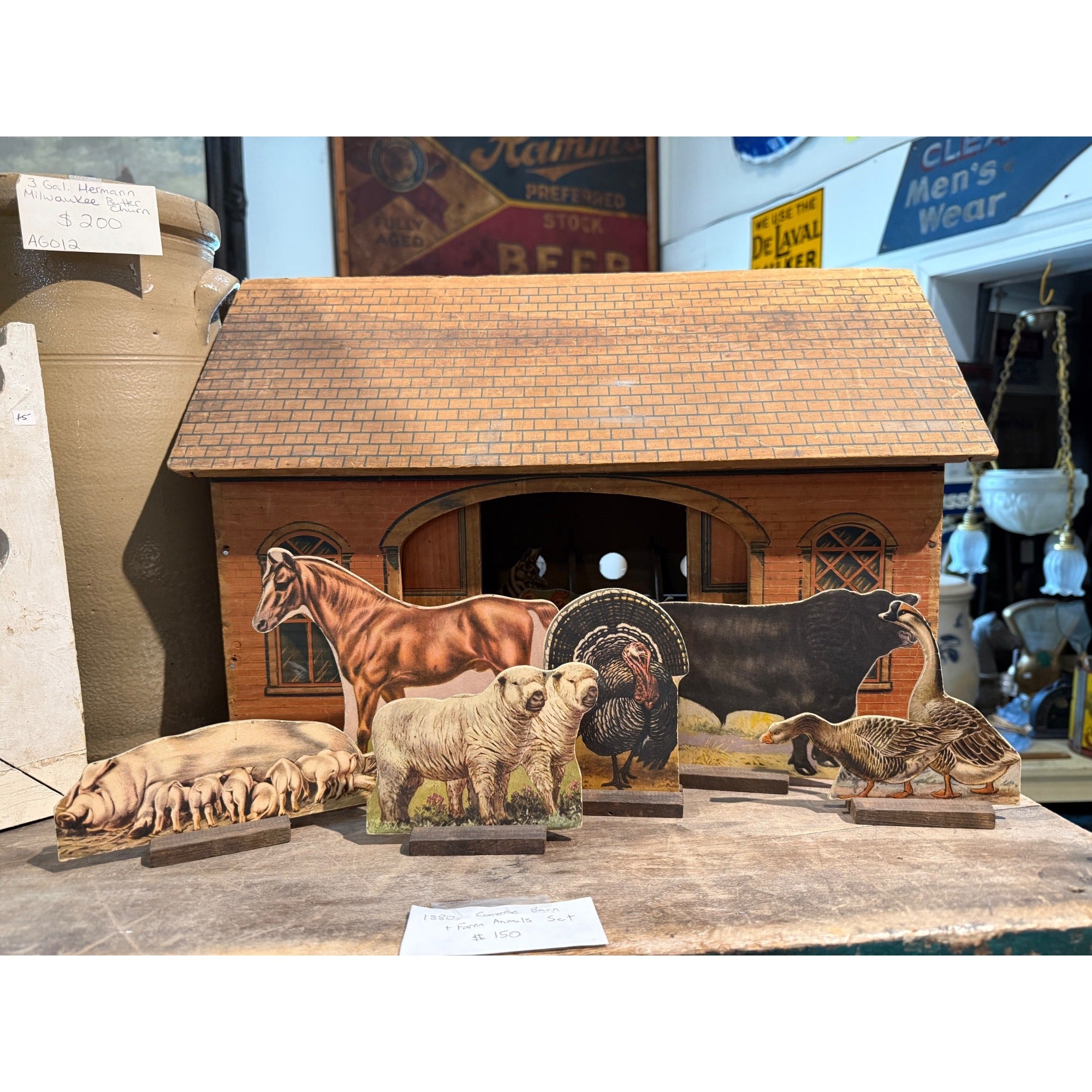 Antique 1880s Converse Litho Wood Barn & Farm Animals Child's Toy Playset