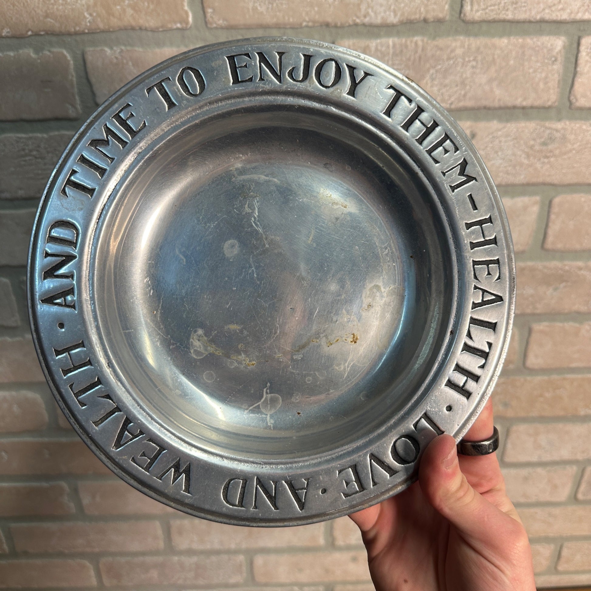 Vintage Wilton Armetale Pewter Bread Plate “La Santé L’Amour” Health, Love 9.25”