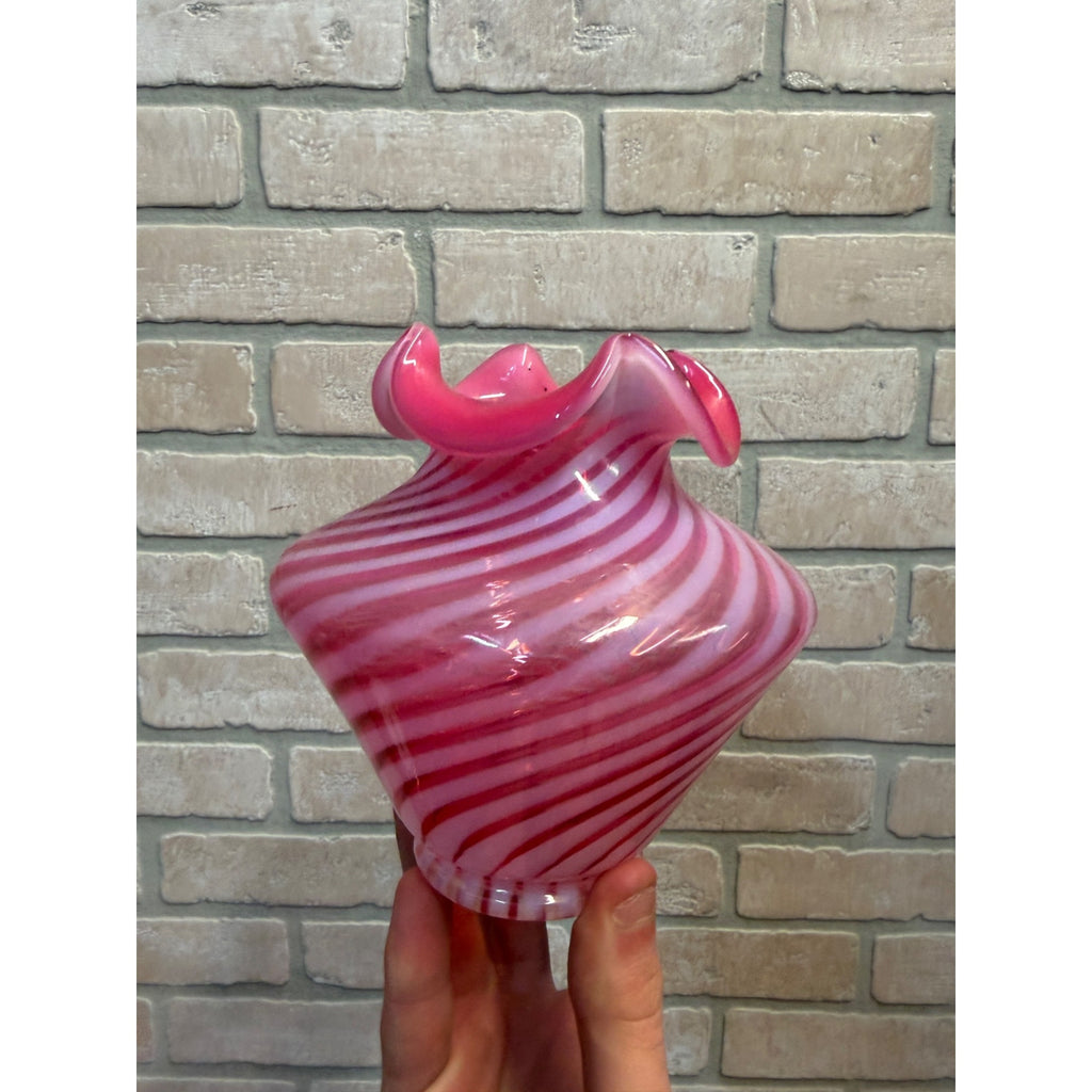 Fenton Cranberry Opalescent Glass Vase Candy Cane Swirl Pattern Ruffled Rim