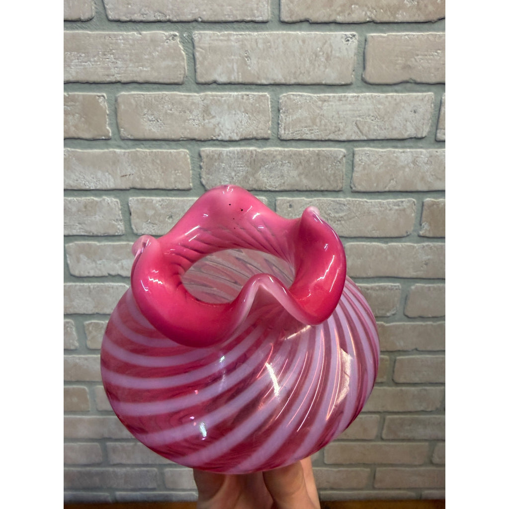 Fenton Cranberry Opalescent Glass Vase Candy Cane Swirl Pattern Ruffled Rim