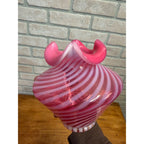 Fenton Cranberry Opalescent Glass Vase Candy Cane Swirl Pattern Ruffled Rim