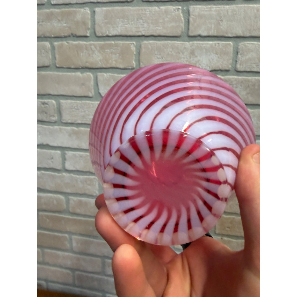 Fenton Cranberry Opalescent Glass Vase Candy Cane Swirl Pattern Ruffled Rim