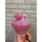 Fenton Cranberry Opalescent Glass Vase Candy Cane Swirl Pattern Ruffled Rim