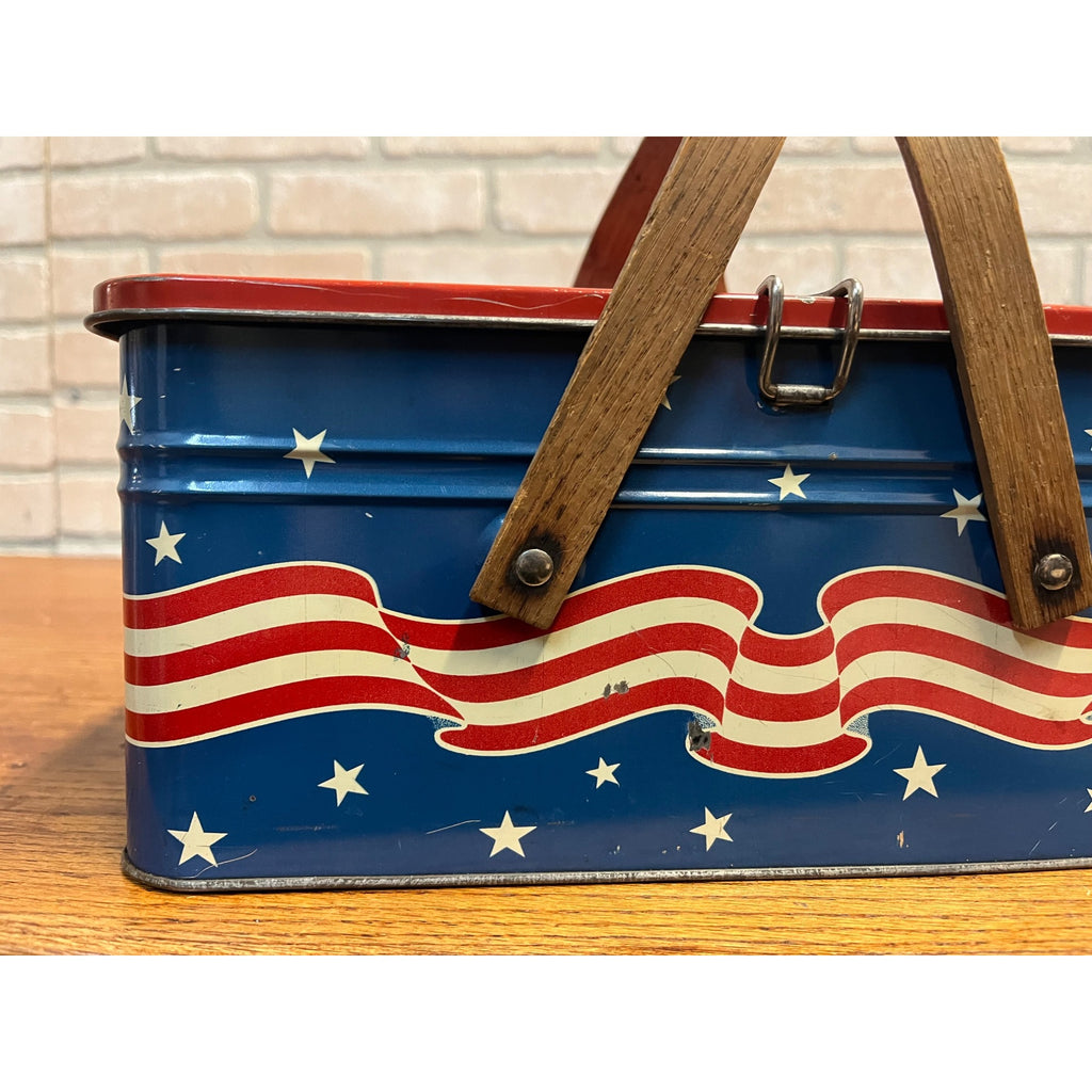 Rare Vintage Golden Cookies Patriotic Red White Blue Picnic Tin Watertown MA