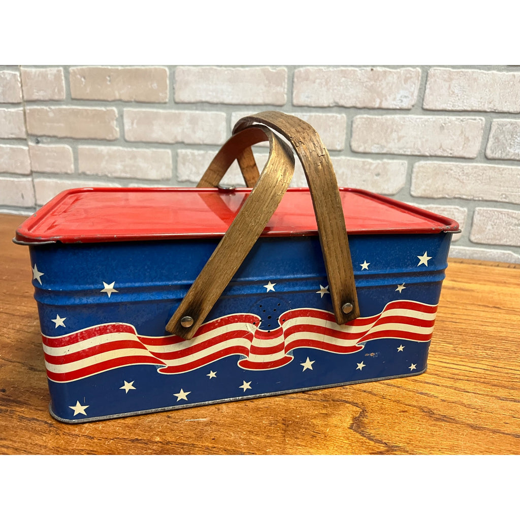 Rare Vintage Golden Cookies Patriotic Red White Blue Picnic Tin Watertown MA