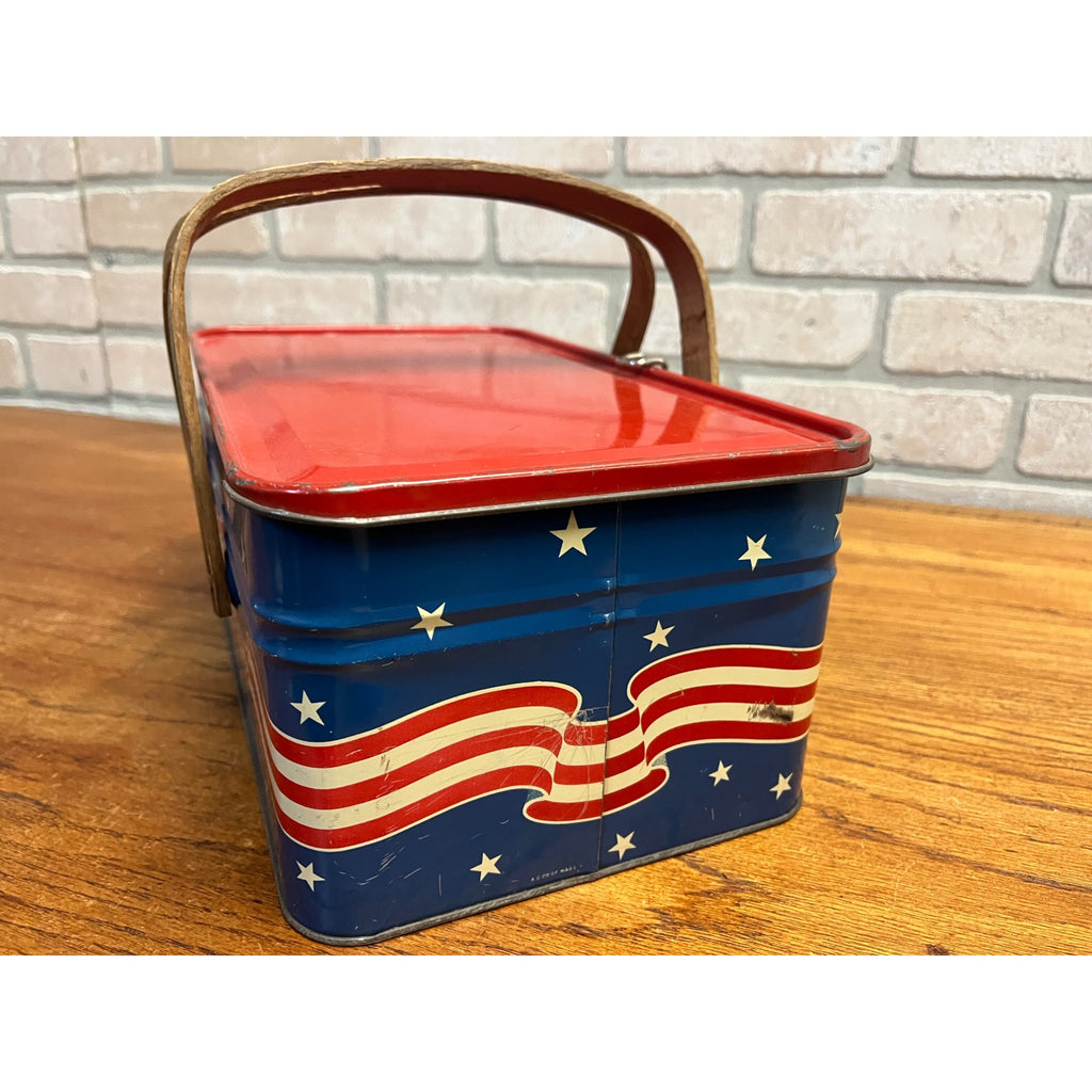 Rare Vintage Golden Cookies Patriotic Red White Blue Picnic Tin Watertown MA