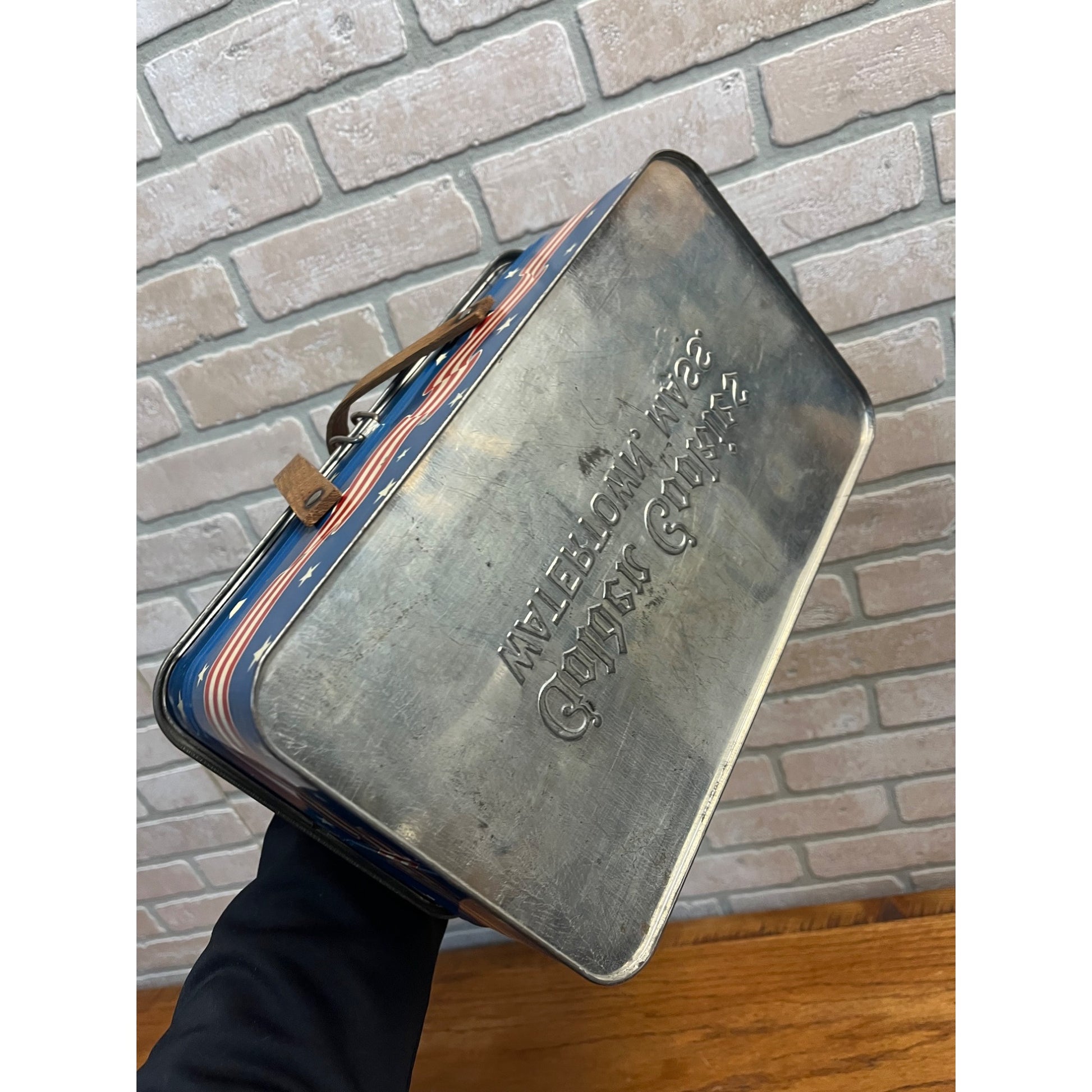 Rare Vintage Golden Cookies Patriotic Red White Blue Picnic Tin Watertown MA