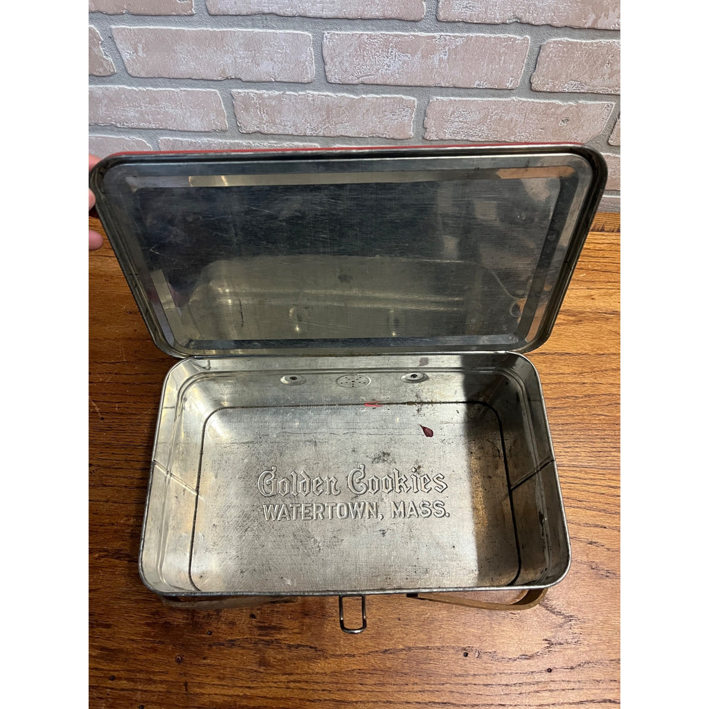 Rare Vintage Golden Cookies Patriotic Red White Blue Picnic Tin Watertown MA