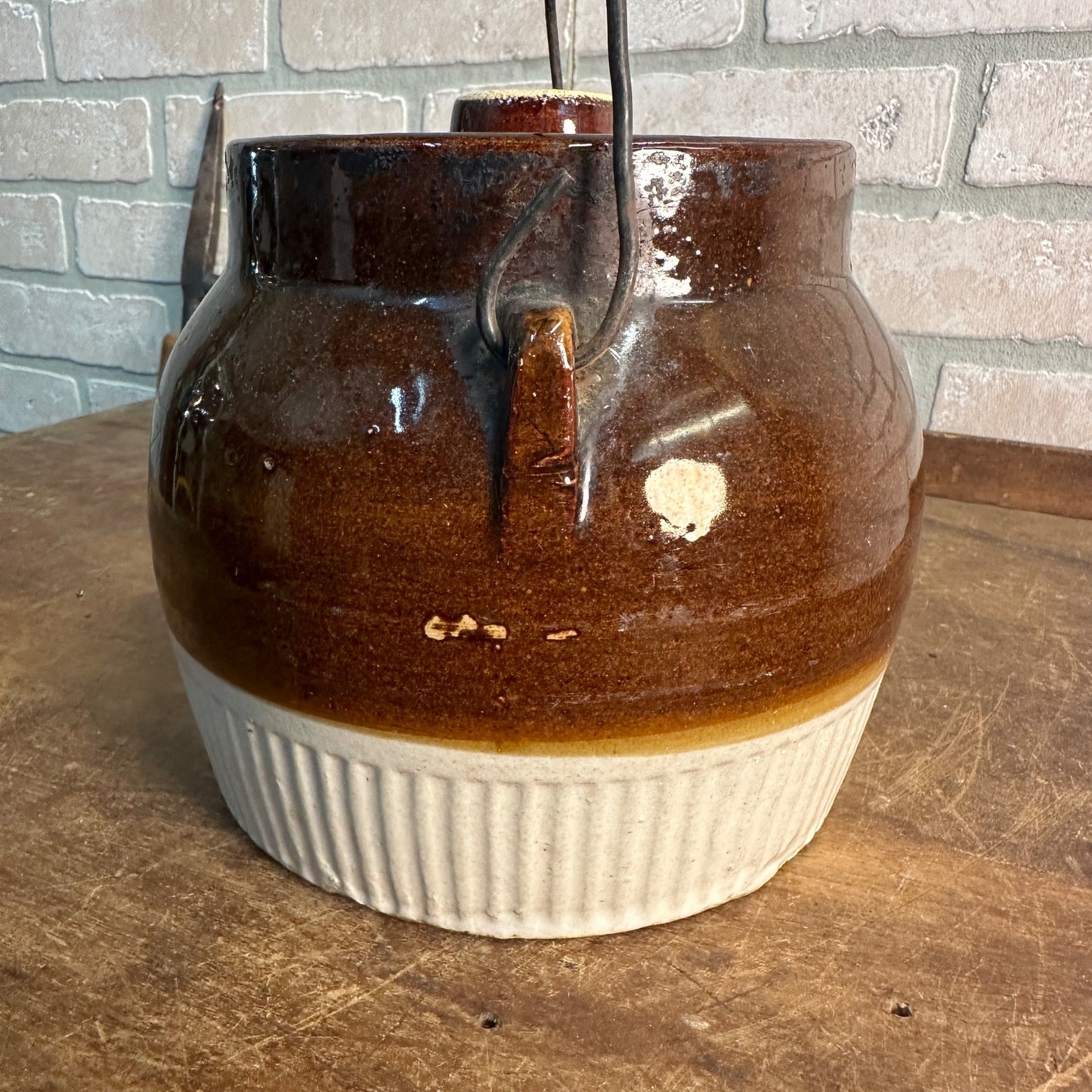 Vintage Red Wing Bean Pot Wire Bail Handle Union Stoneware Co Dark Brown W/ Lid