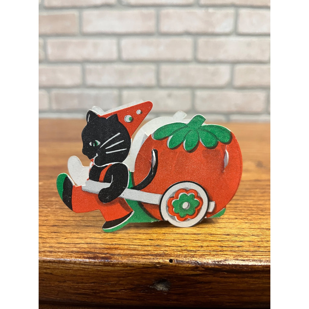 Vintage Halloween Diecut Black Cat Pulling Pumpkin Cart Mni Nut Cup Candy