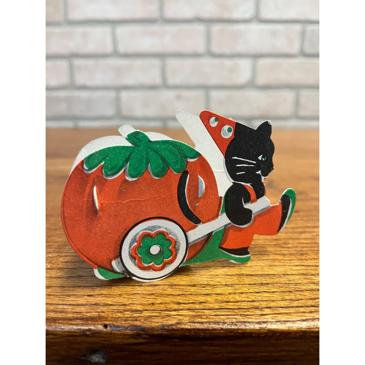 Vintage Halloween Diecut Black Cat Pulling Pumpkin Cart Mni Nut Cup Candy