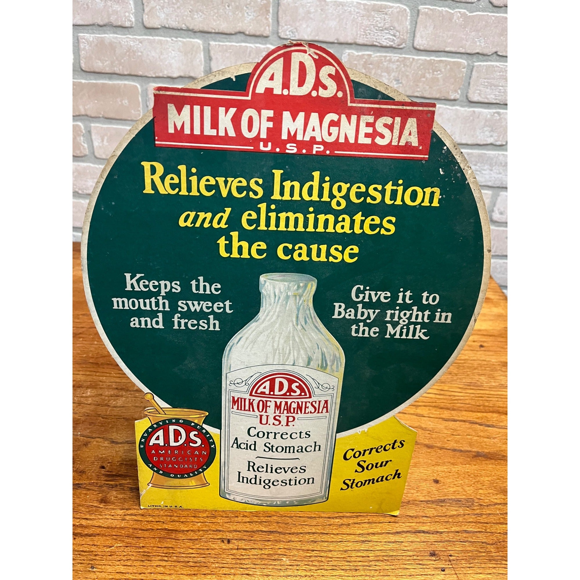 Vintage 1920s Milk of Magnesia A.D.S. Advertising Store Display Sign Easelback