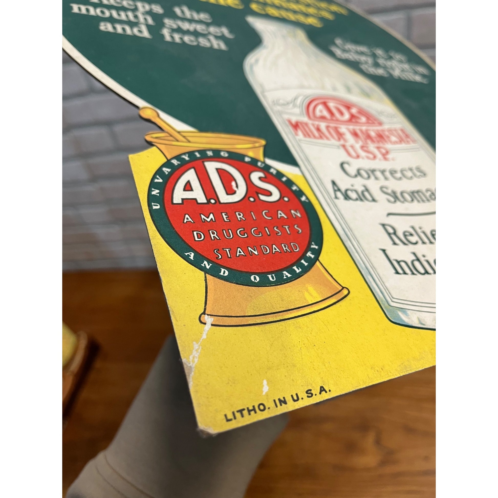 Vintage 1920s Milk of Magensia A.D.S. Advertising Store Display Sign Easelback