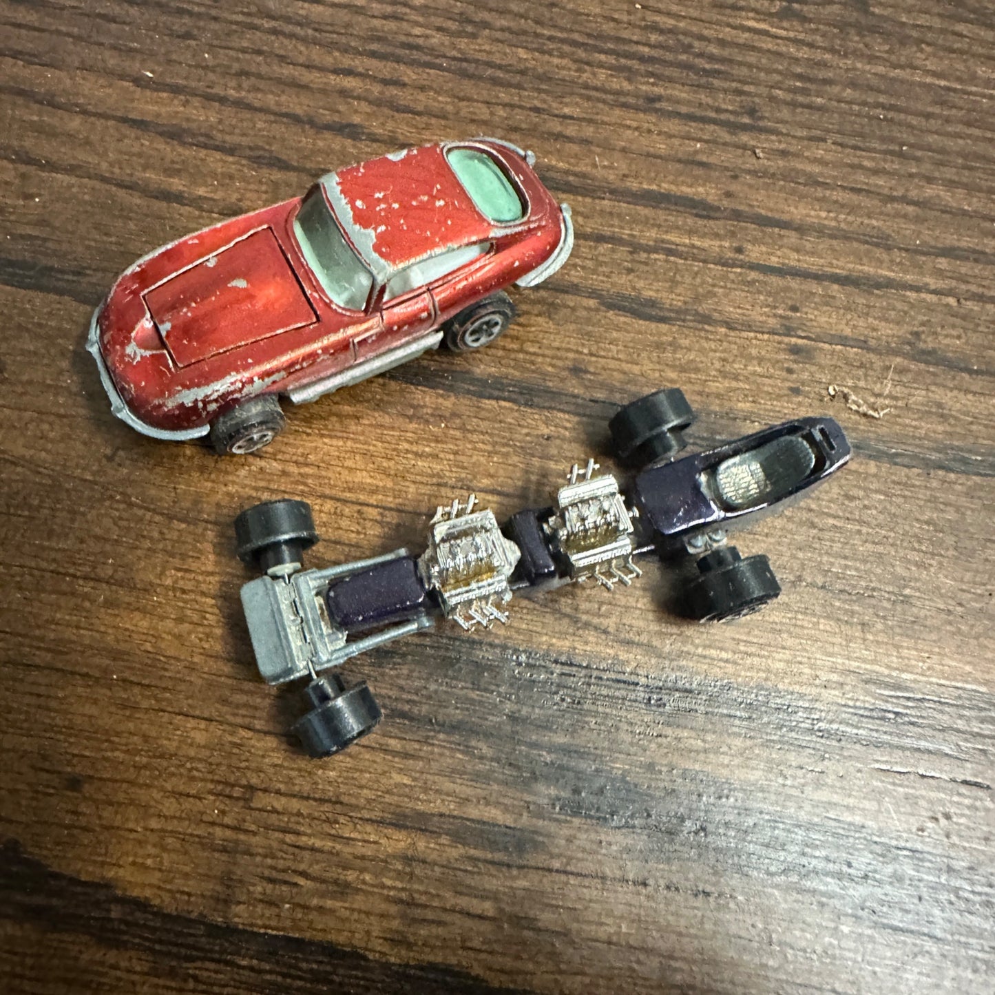 Vintage Johnny Lightning Redline Cars: Red Custome XKE + Dark Purple Dragster