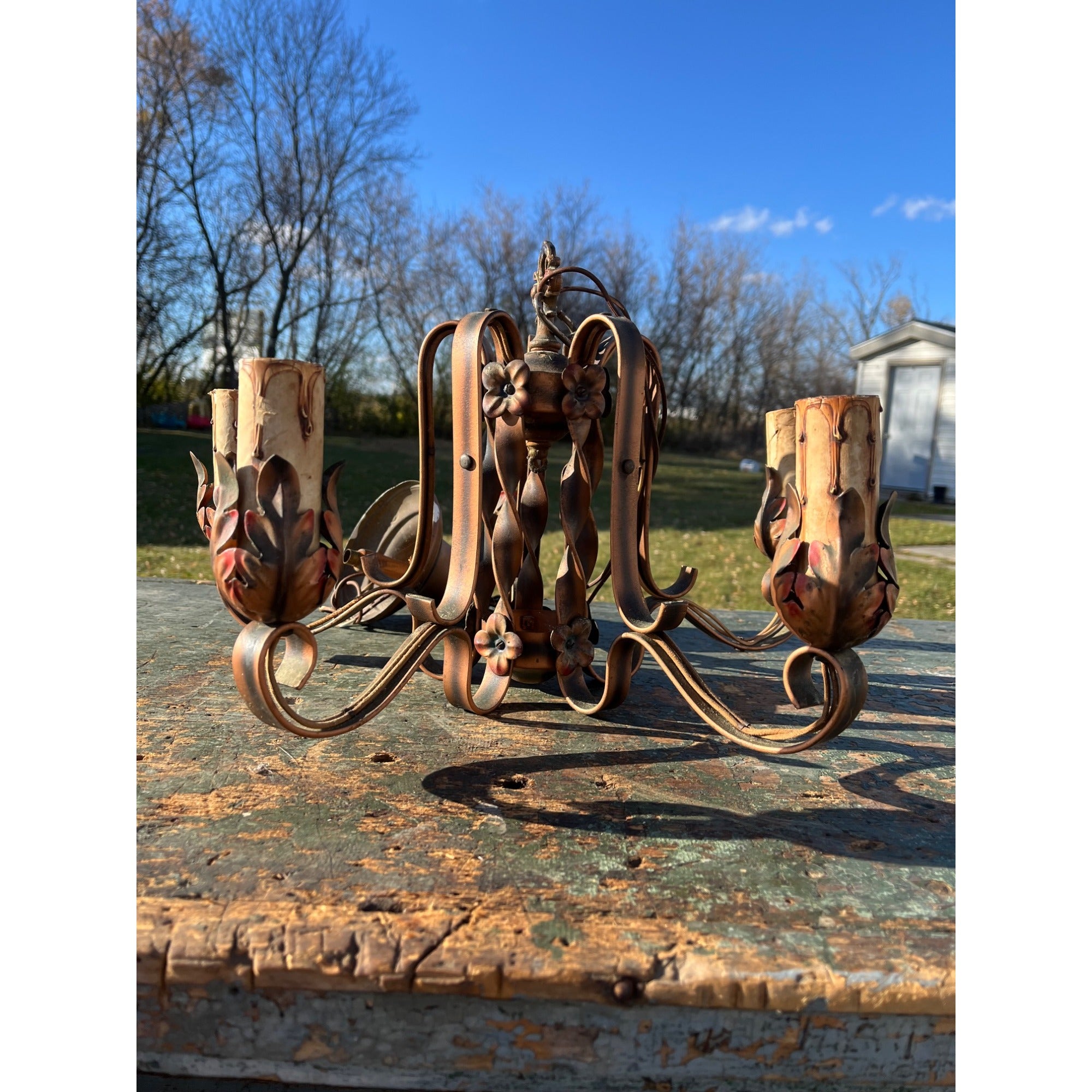 Vintage 1920s 5-Light Chandelier Ornate Ceiling Light Fixture Victorian Flower