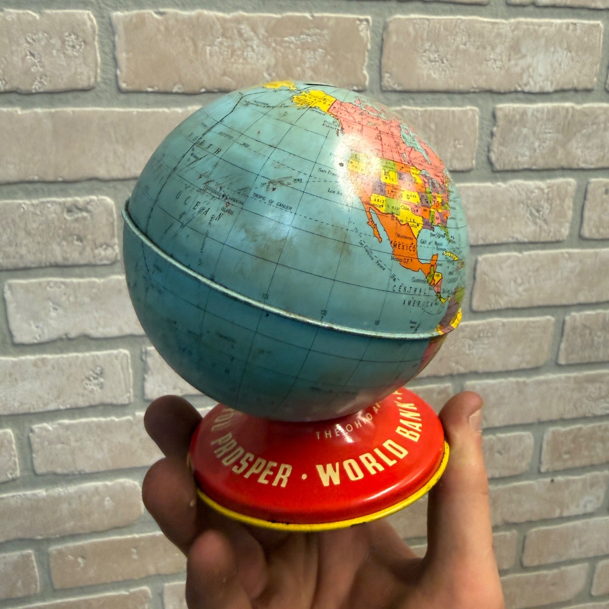 Ohio Art Co. World Bank Globe Tin Litho Made in USA As You Save So You Prosper