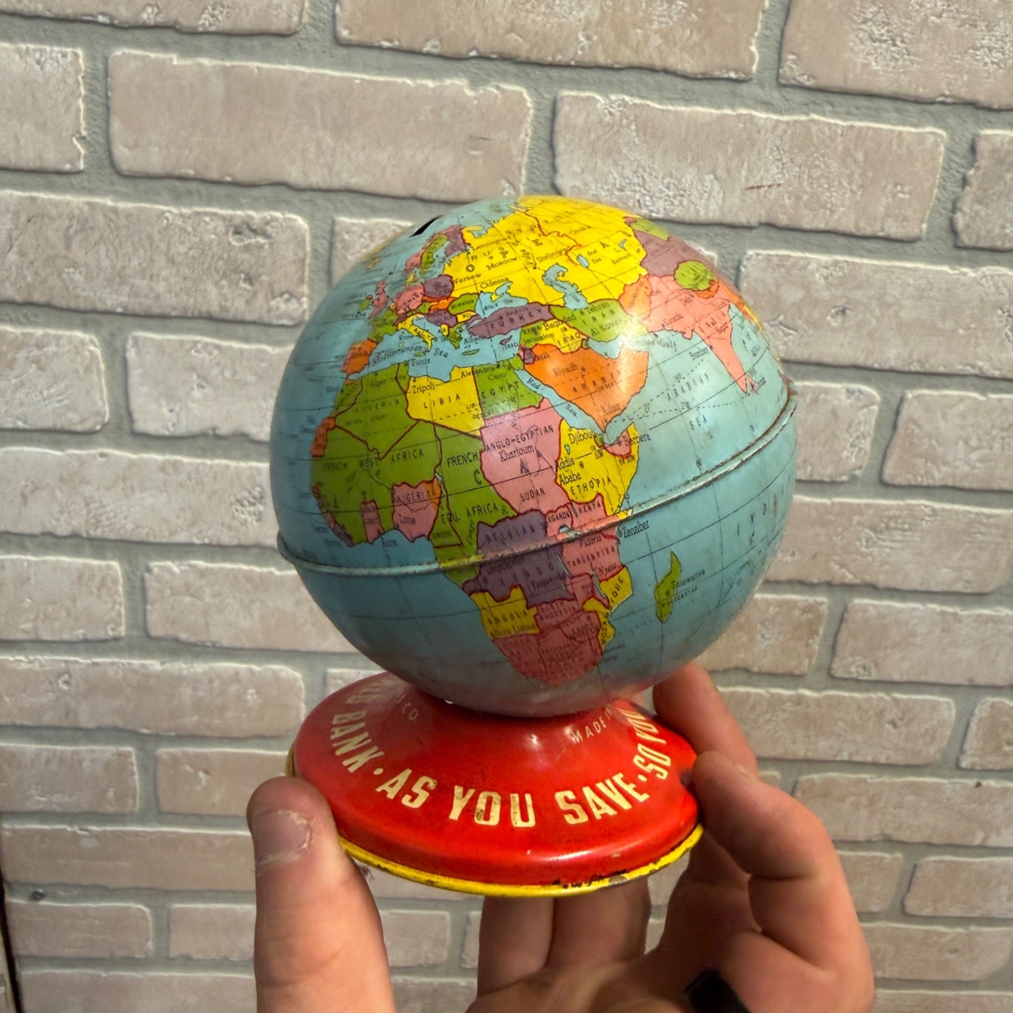 Ohio Art Co. World Bank Globe Tin Litho Made in USA As You Save So You Prosper