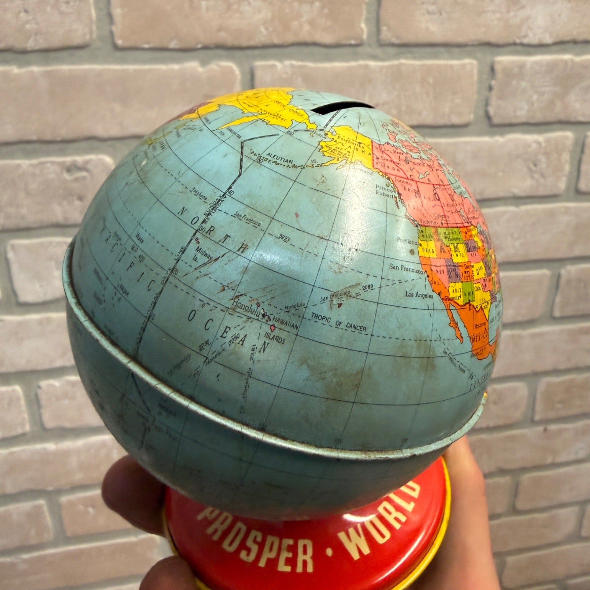 Ohio Art Co. World Bank Globe Tin Litho Made in USA As You Save So You Prosper