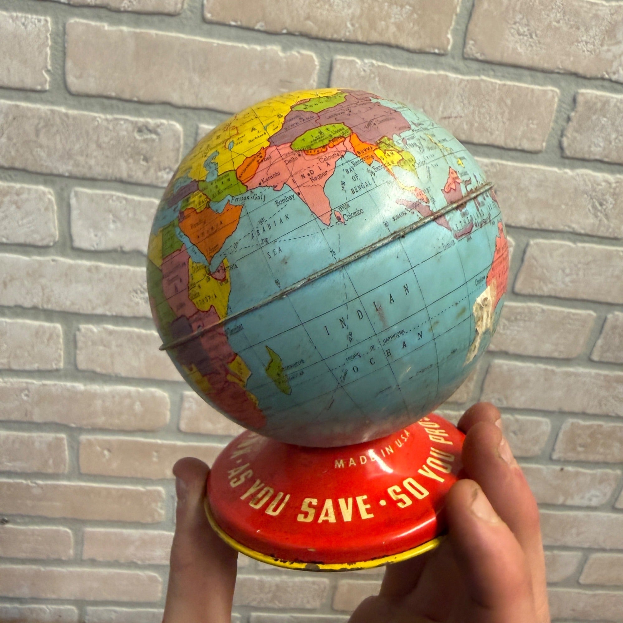 Ohio Art Co. World Bank Globe Tin Litho Made in USA As You Save So You Prosper