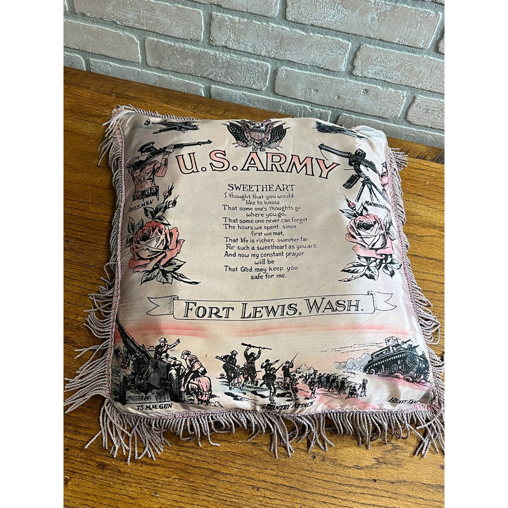WWII US Army Fort Lewis WA Sweetheart Silk Pillow Case Home Front Souvenir 1940s