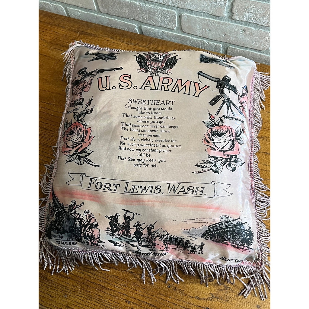 WWII US Army Fort Lewis WA Sweetheart Silk Pillow Case Home Front Souvenir 1940s