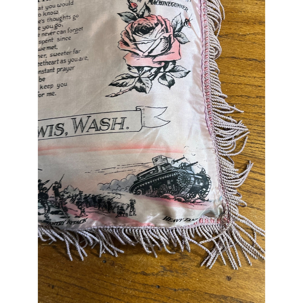 WWII US Army Fort Lewis WA Sweetheart Silk Pillow Case Home Front Souvenir 1940s