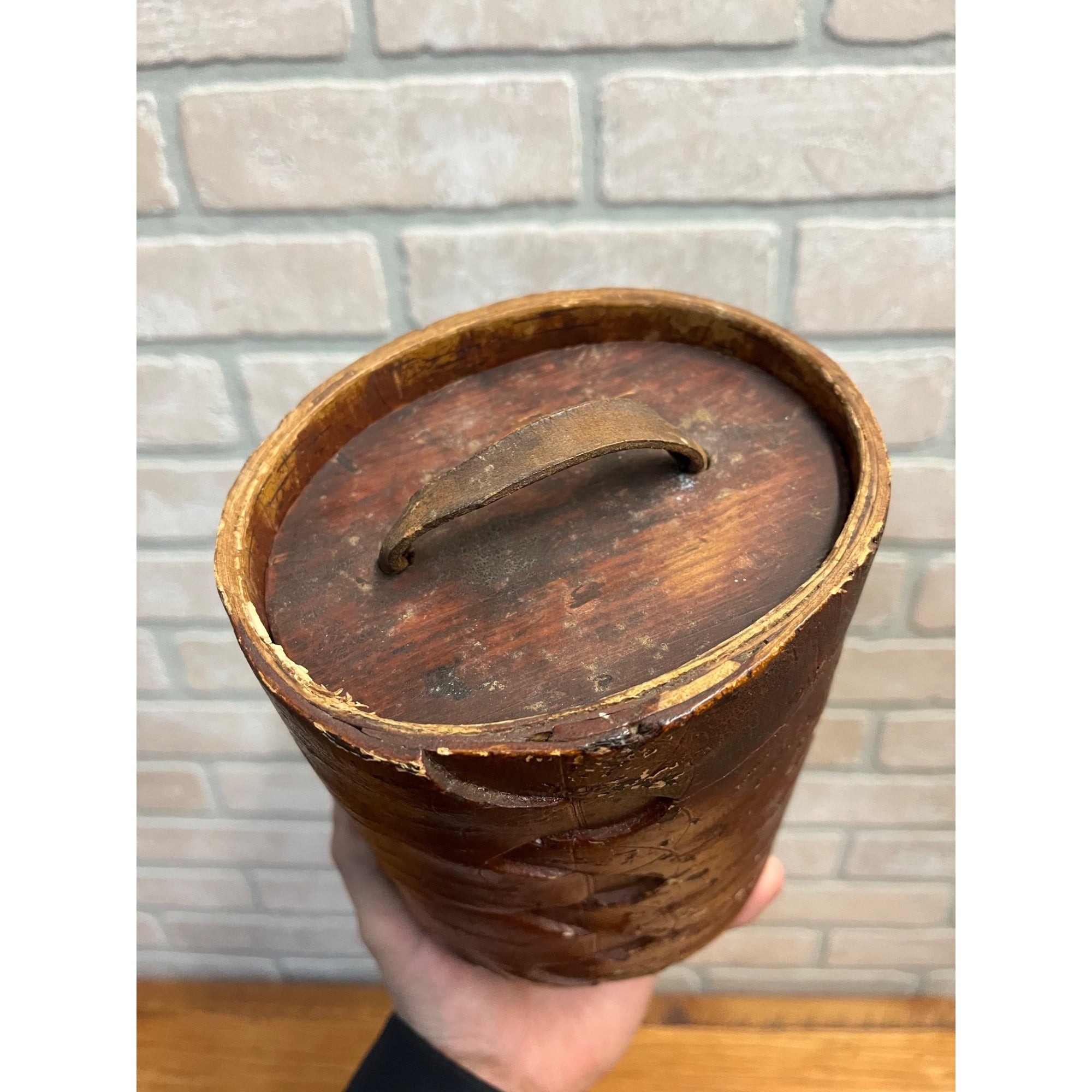 Primitive 19th c. Swedish Birch Bark Wooden Food Storage Box Container Lidded
