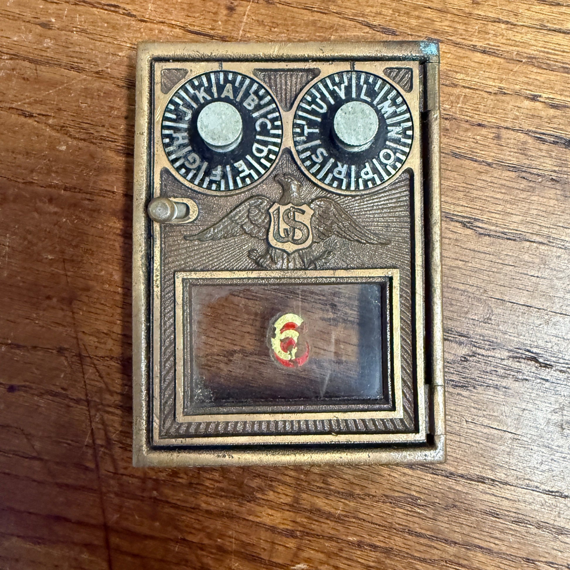 Antique Solid Brass US Post Office Eagle Box Door Corbin 2 Dial Combination USPS #6