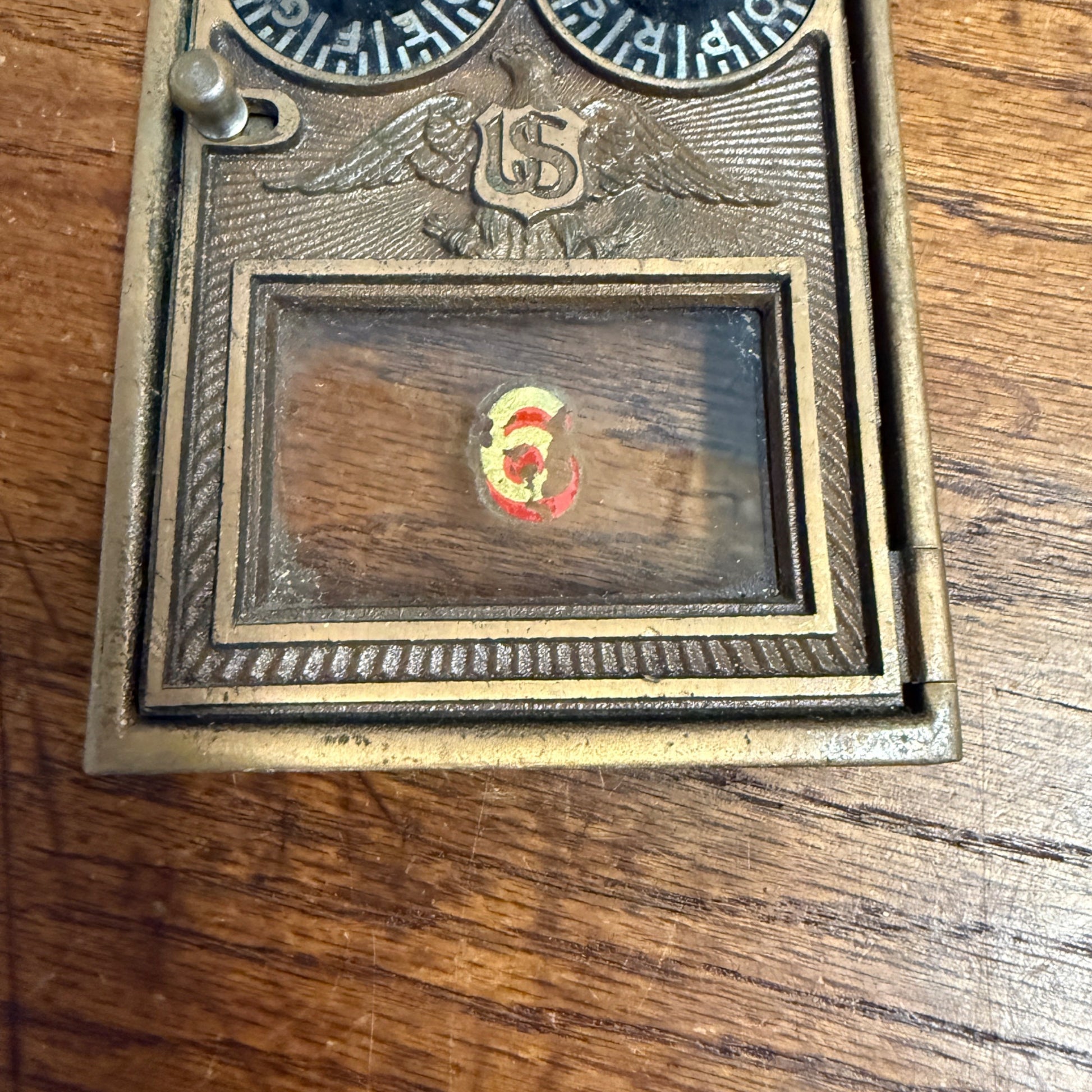 Antique Solid Brass US Post Office Eagle Box Door Corbin 2 Dial Combination USPS #6