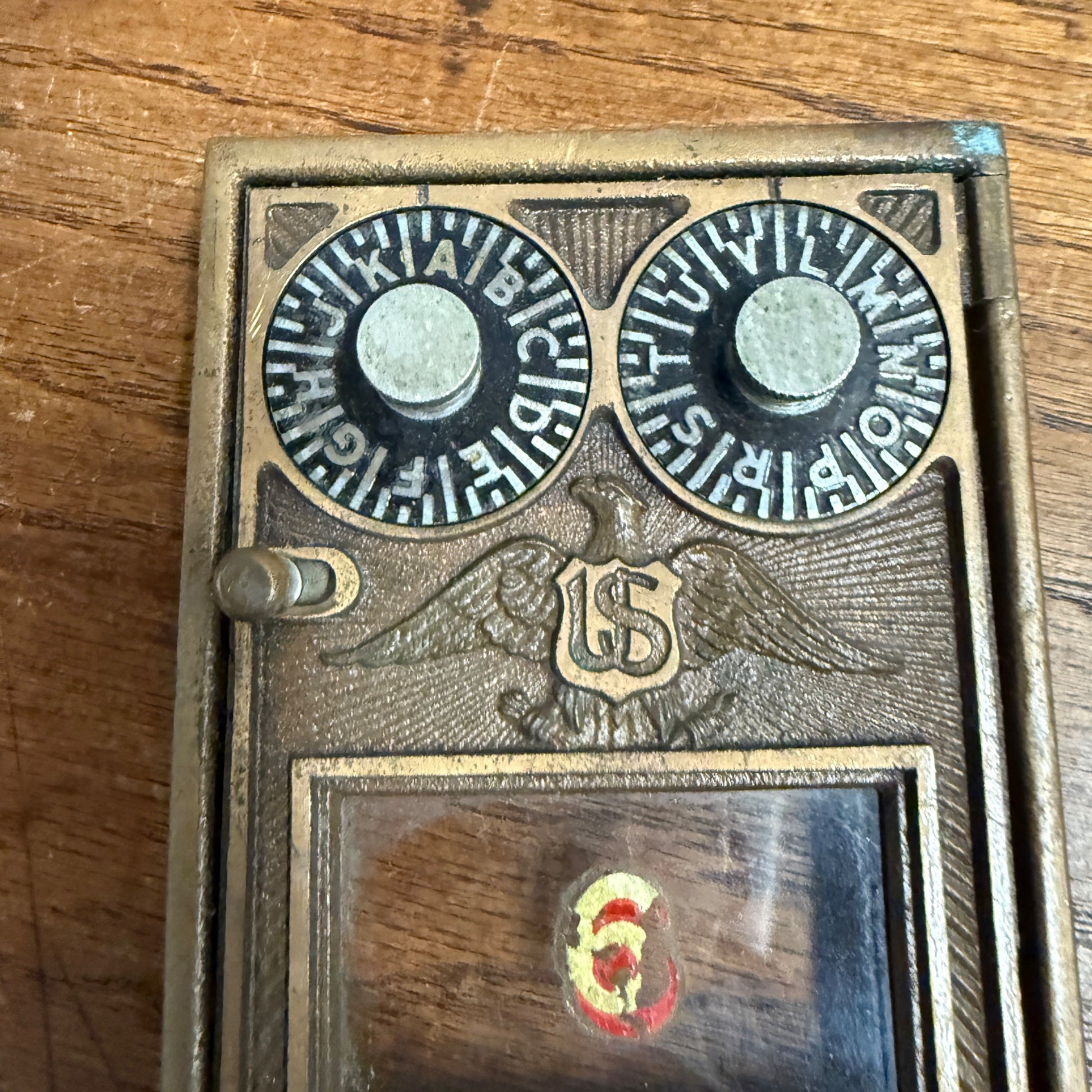 Antique Solid Brass US Post Office Eagle Box Door Corbin 2 Dial Combination USPS #6