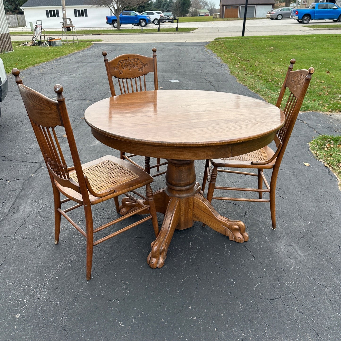 Vintage Round Oak Wooden Table w/ Cane Chairs