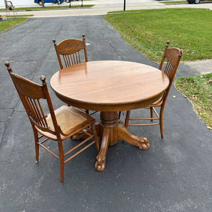 Vintage Round Oak Wooden Table w/ Cane Chairs