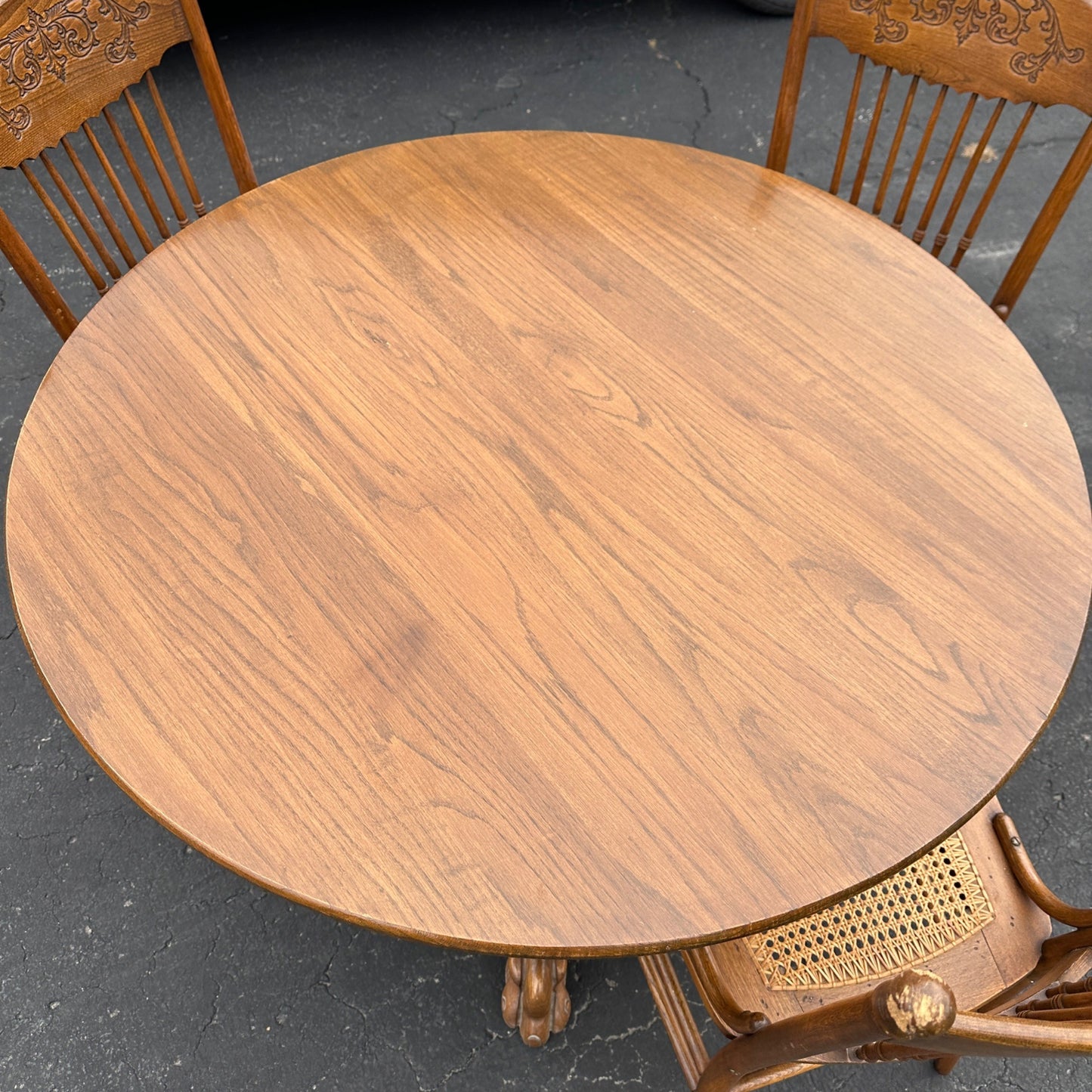 Vintage Round Oak Wooden Table w/ Cane Chairs