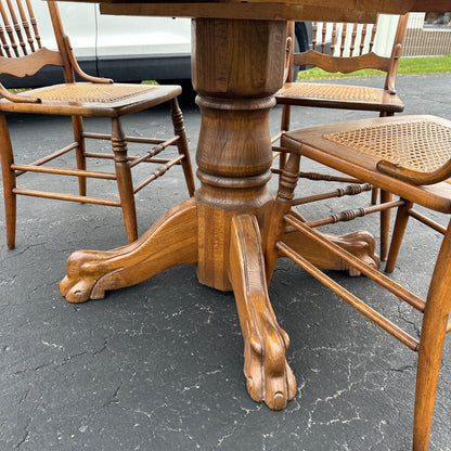 Vintage Round Oak Wooden Table w/ Cane Chairs