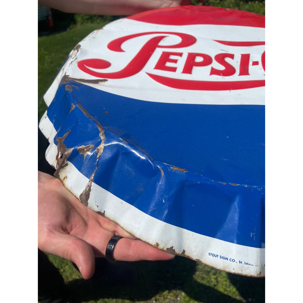 Vintage Stout Pepsi Cola Bottle Cap Sign Metal Advertising 1963