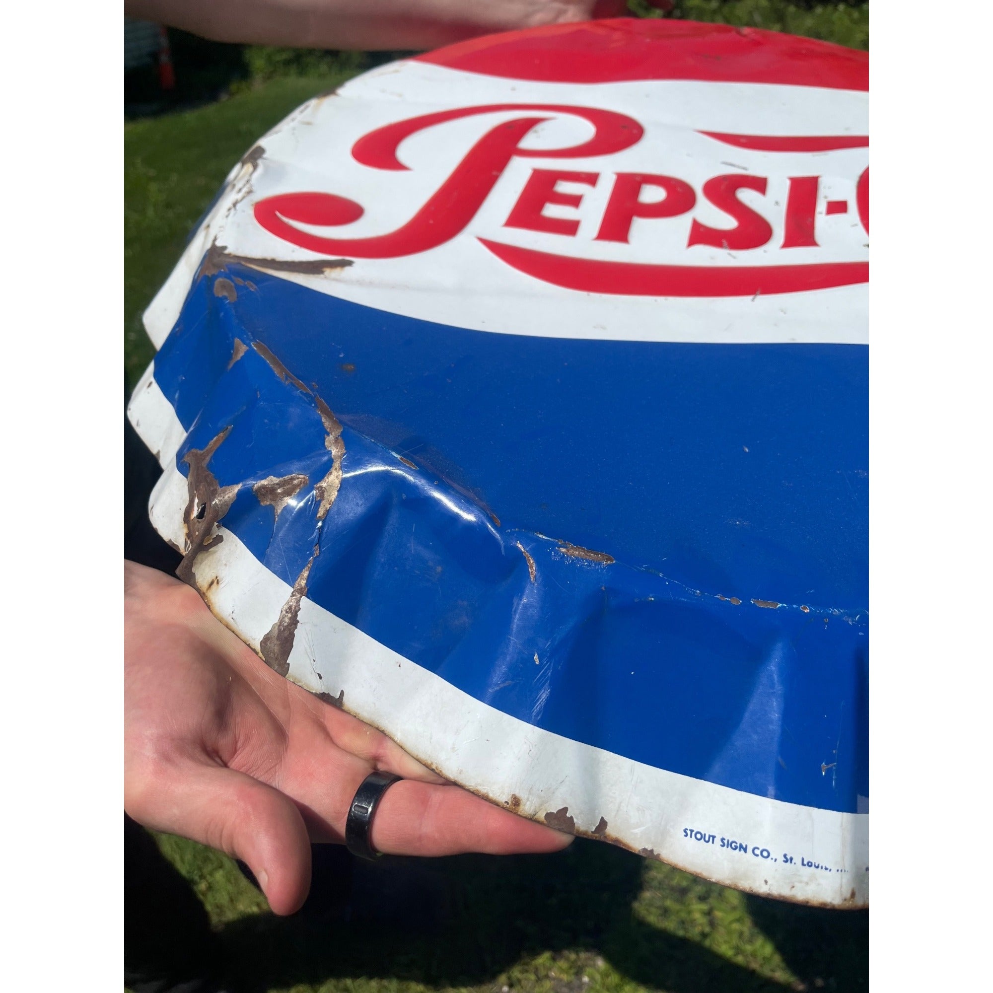 Vintage Stout Pepsi Cola Bottle Cap Sign Metal Advertising 1963