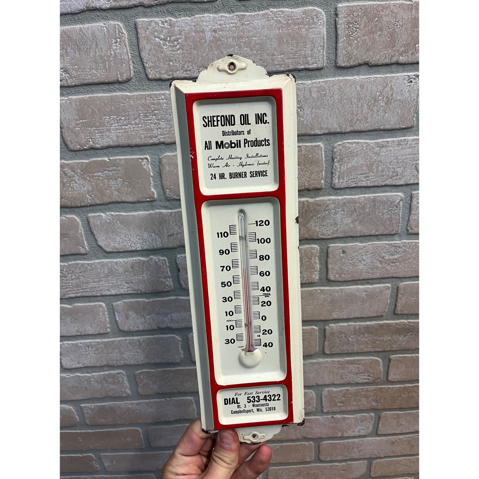 Vintage  Mobil Oil Shefond Campbellsport WI Advertising Thermometer Sign