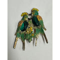 Antique Double Parrot Bird Old Plastic Green Stone Brooch Pin Pinback Jewelry