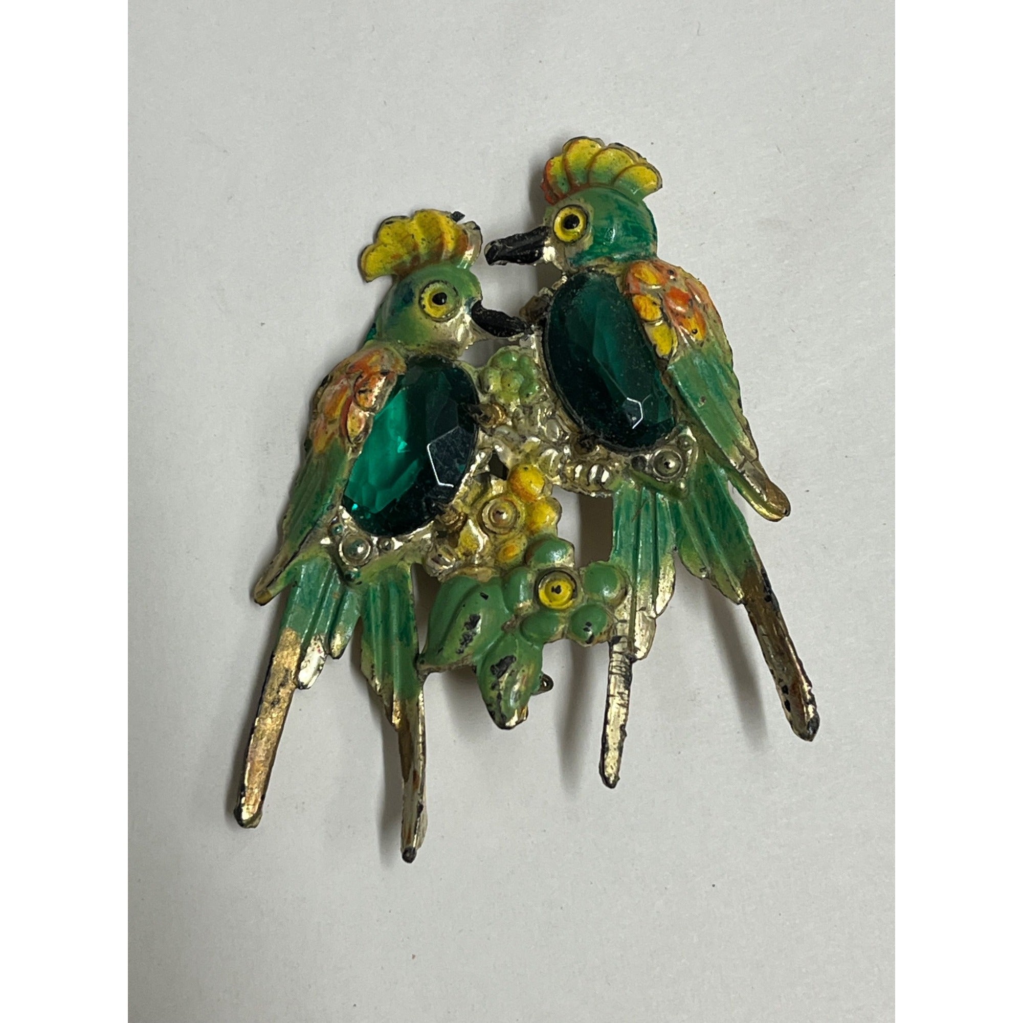 Antique Double Parrot Bird Old Plastic Green Stone Brooch Pin Pinback Jewelry