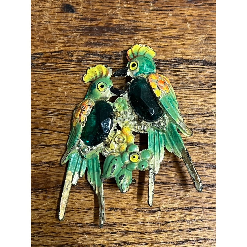 Antique Double Parrot Bird Old Plastic Green Stone Brooch Pin Pinback Jewelry