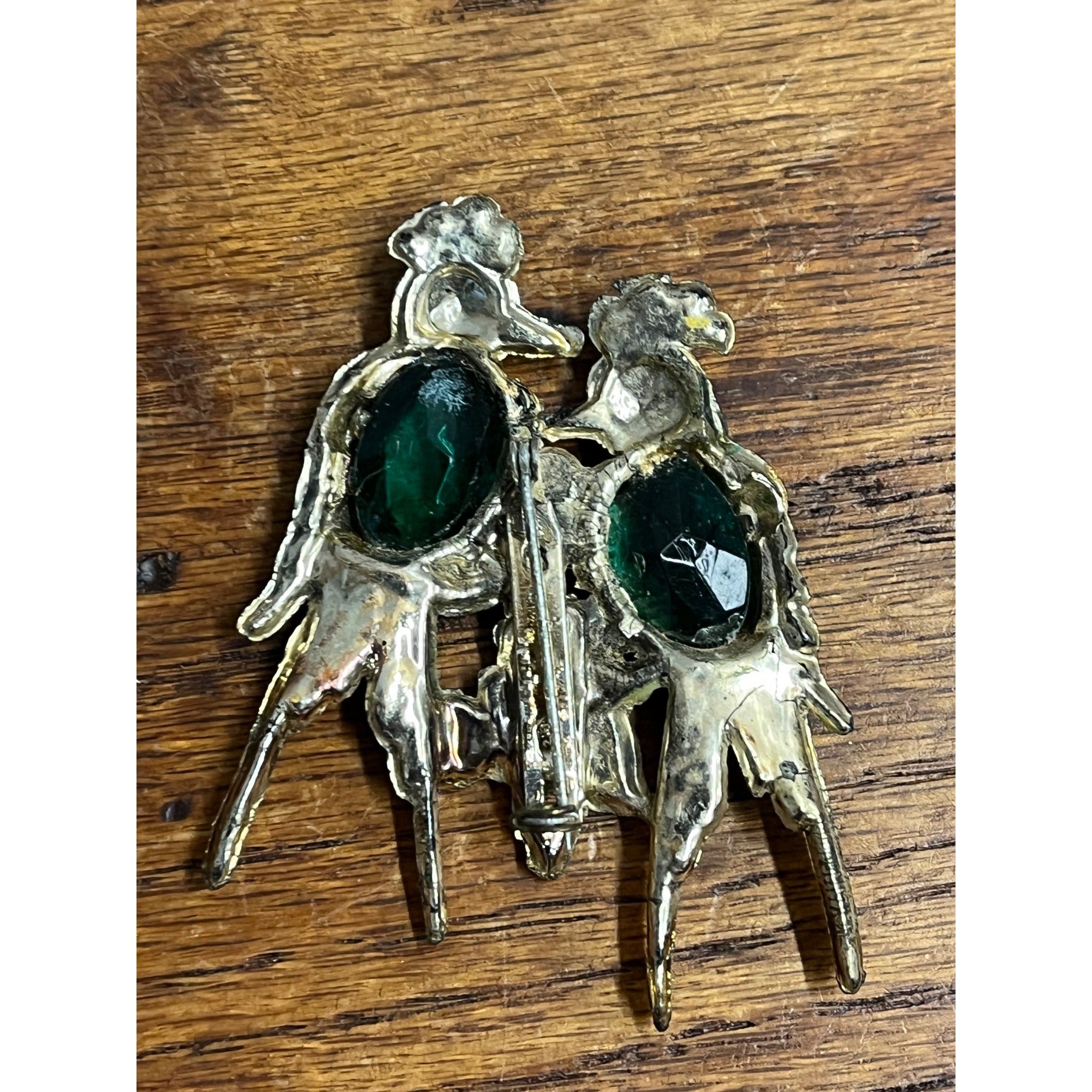 Antique Double Parrot Bird Old Plastic Green Stone Brooch Pin Pinback Jewelry