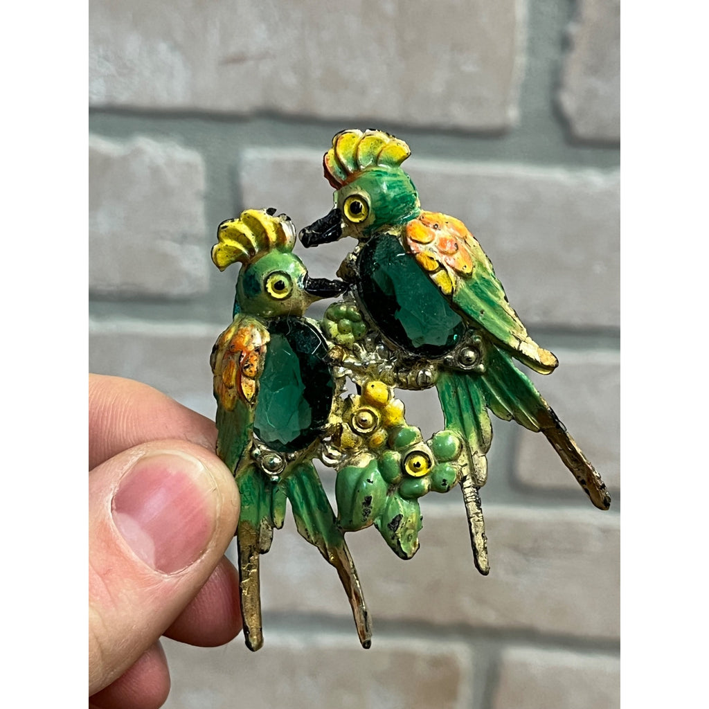 Antique Double Parrot Bird Old Plastic Green Stone Brooch Pin Pinback Jewelry