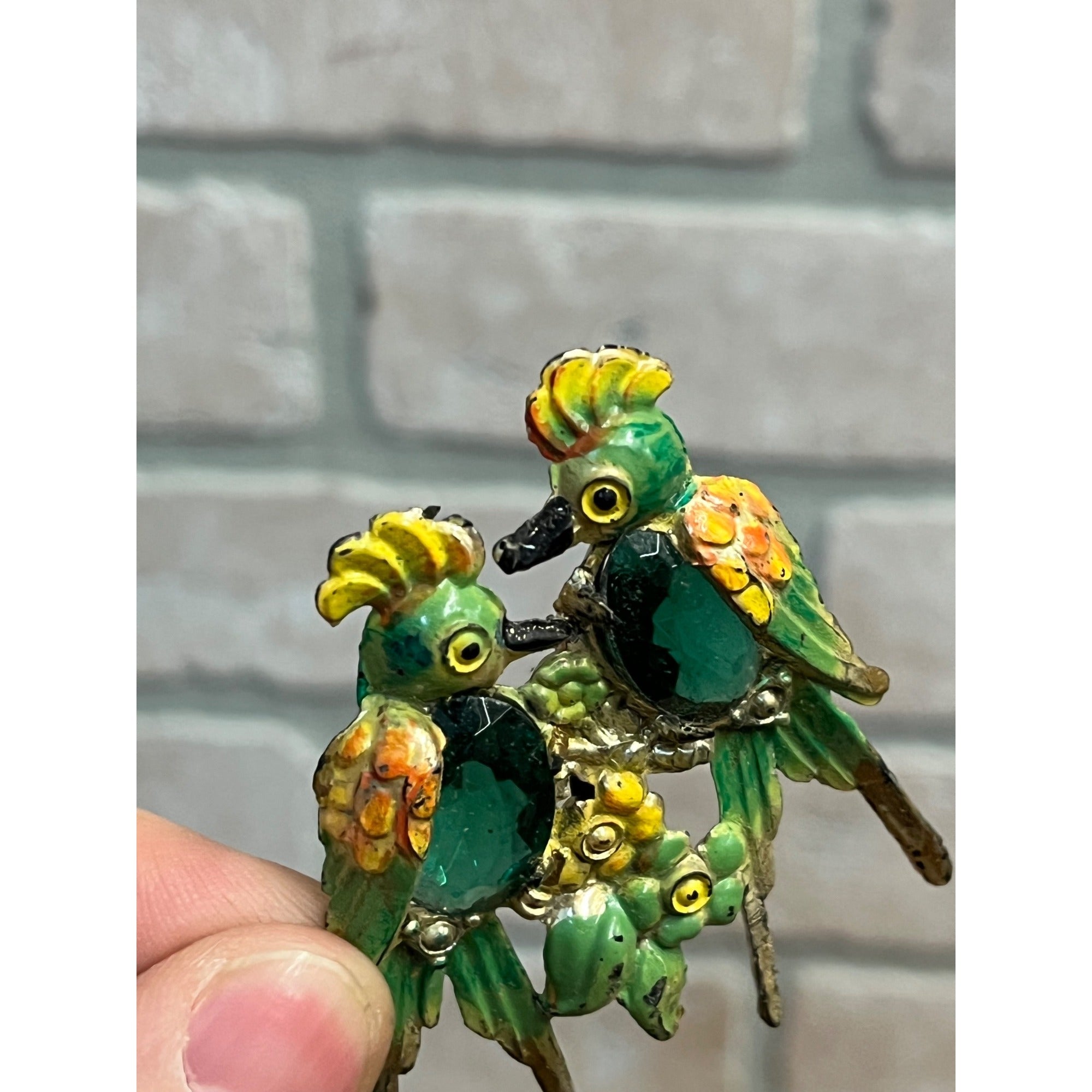 Antique Double Parrot Bird Old Plastic Green Stone Brooch Pin Pinback Jewelry