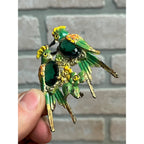 Antique Double Parrot Bird Old Plastic Green Stone Brooch Pin Pinback Jewelry
