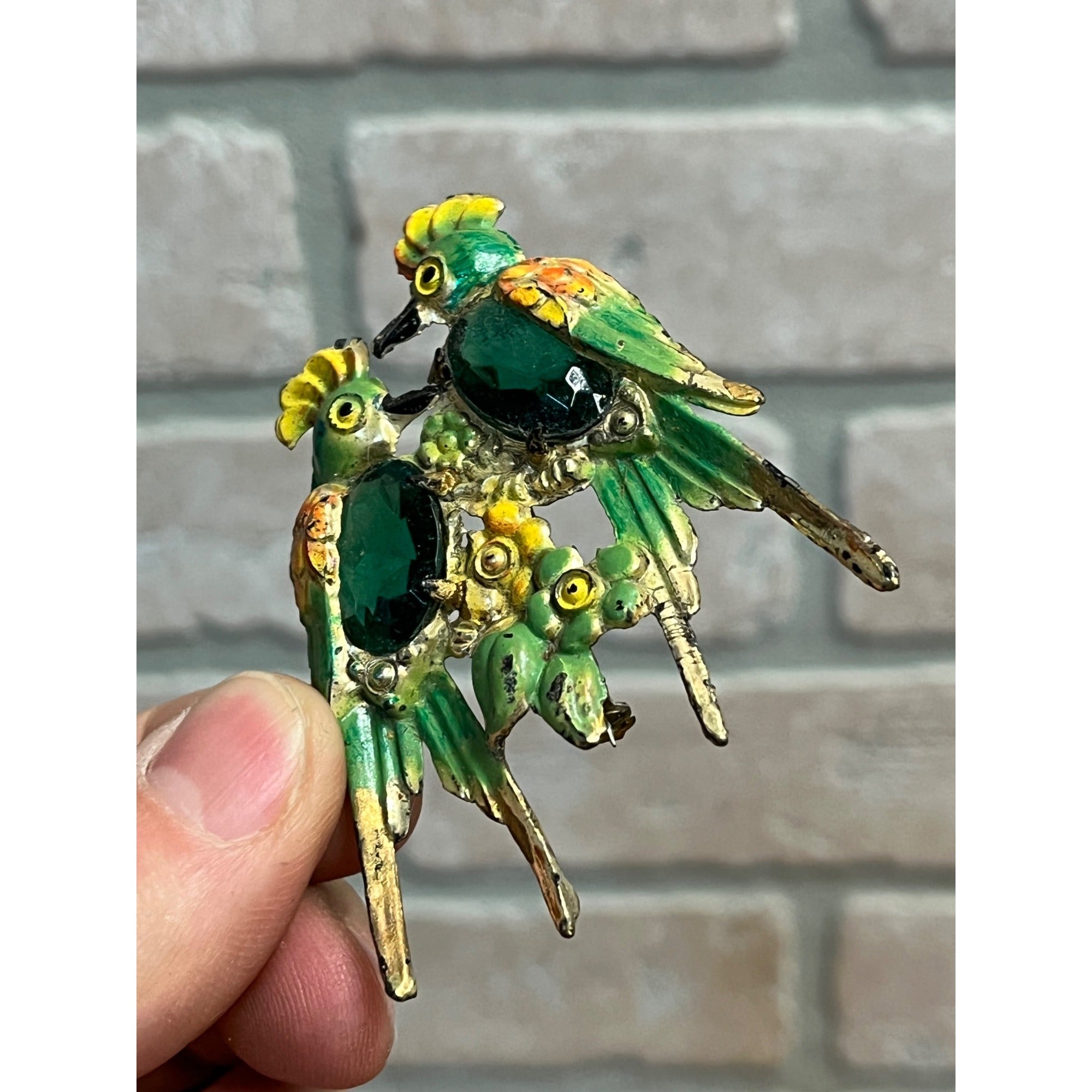 Antique Double Parrot Bird Old Plastic Green Stone Brooch Pin Pinback Jewelry
