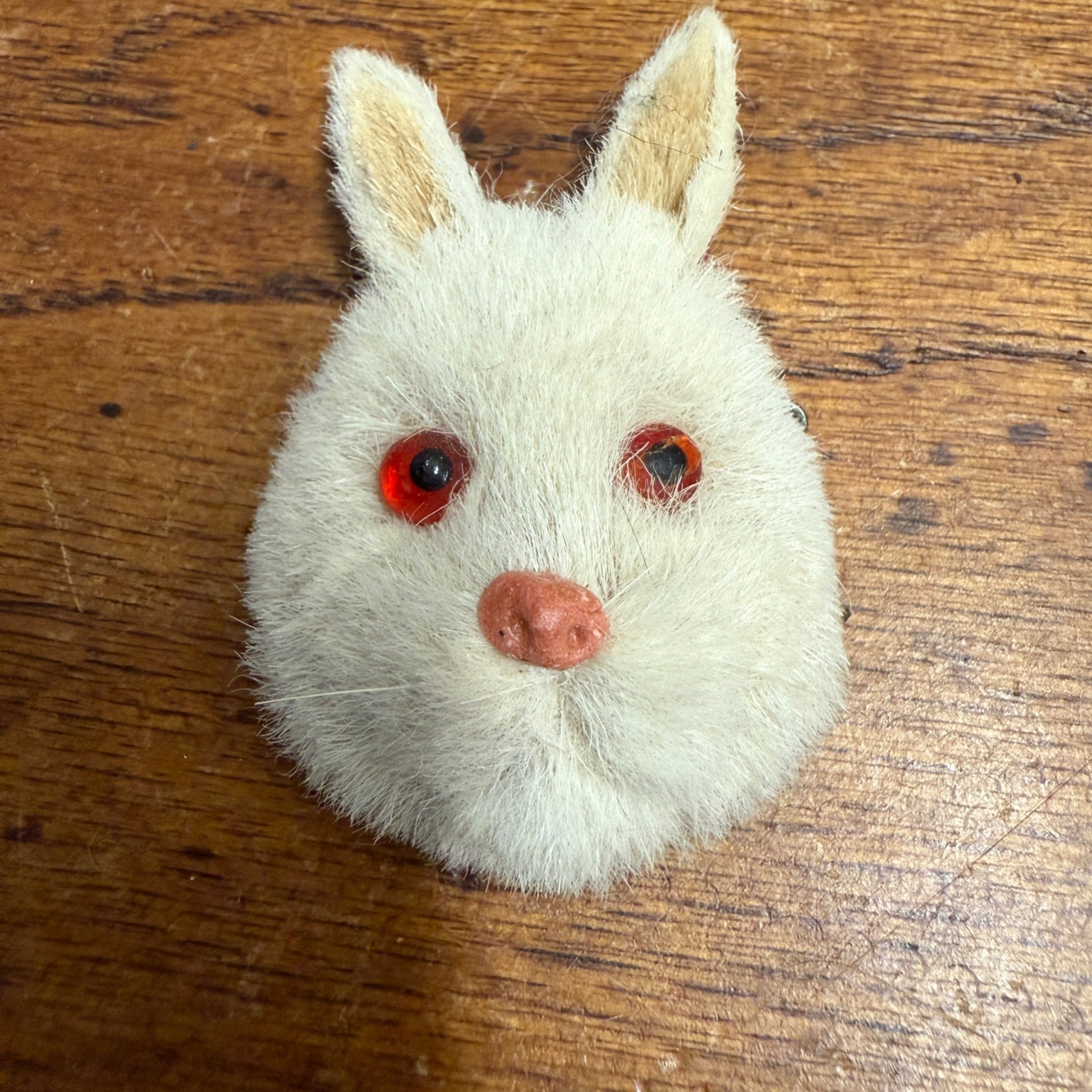 Vintage 1960s Flocked Fur Easter Rabbit Head Pin Pinback Button Brooch